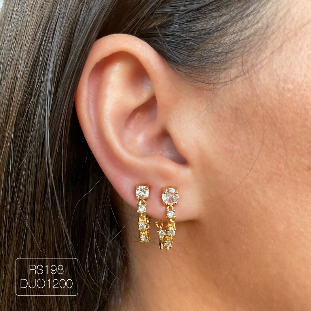 Duo Brinco Ear Turner Riviera Cristal Dourado